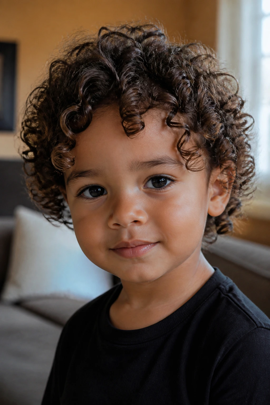 Toddler with soft ringlet frame around the face.