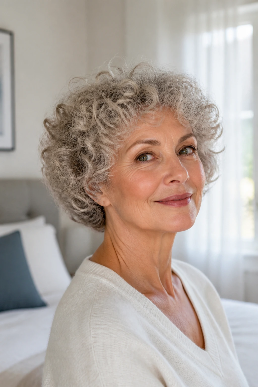 Close-up of a real woman with a halo of soft ringlet curls around her head.