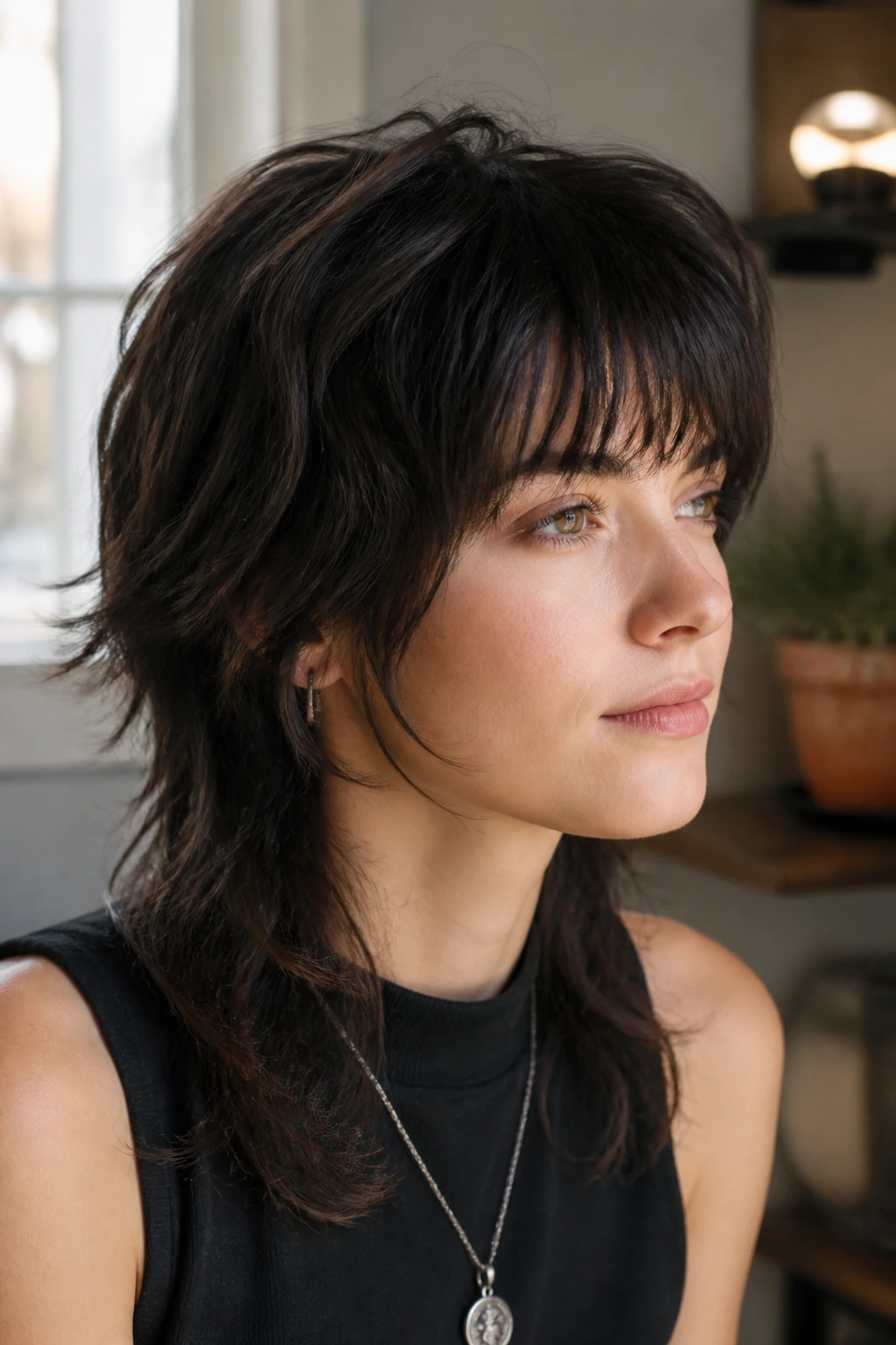 Close-up portrait of a real person with soft rocker mullet and textured ends