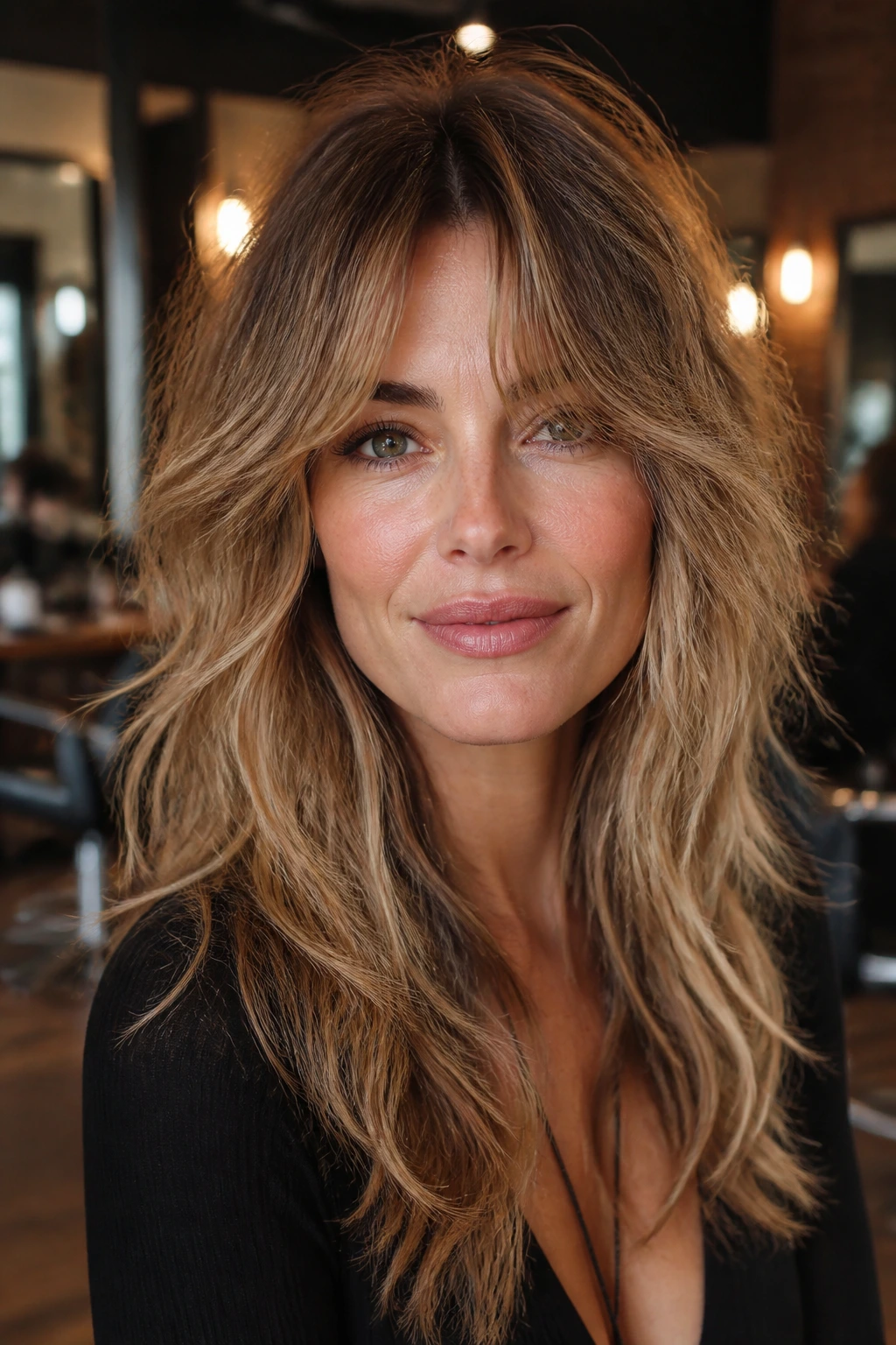 Portrait of a real woman with Soft Rocker Shag in a salon.