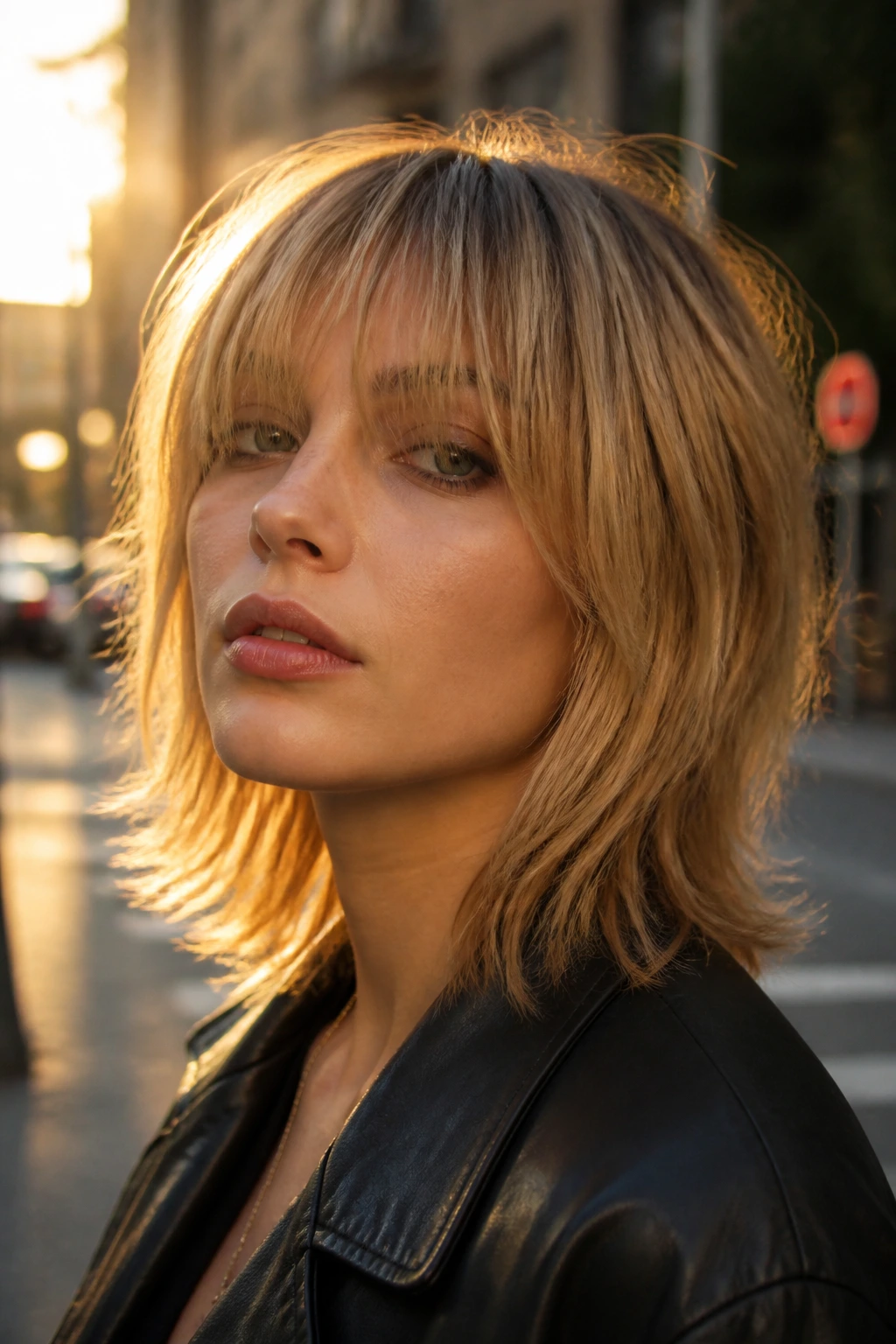 Close-up portrait of a real person with soft rocker shag and subtle fringe