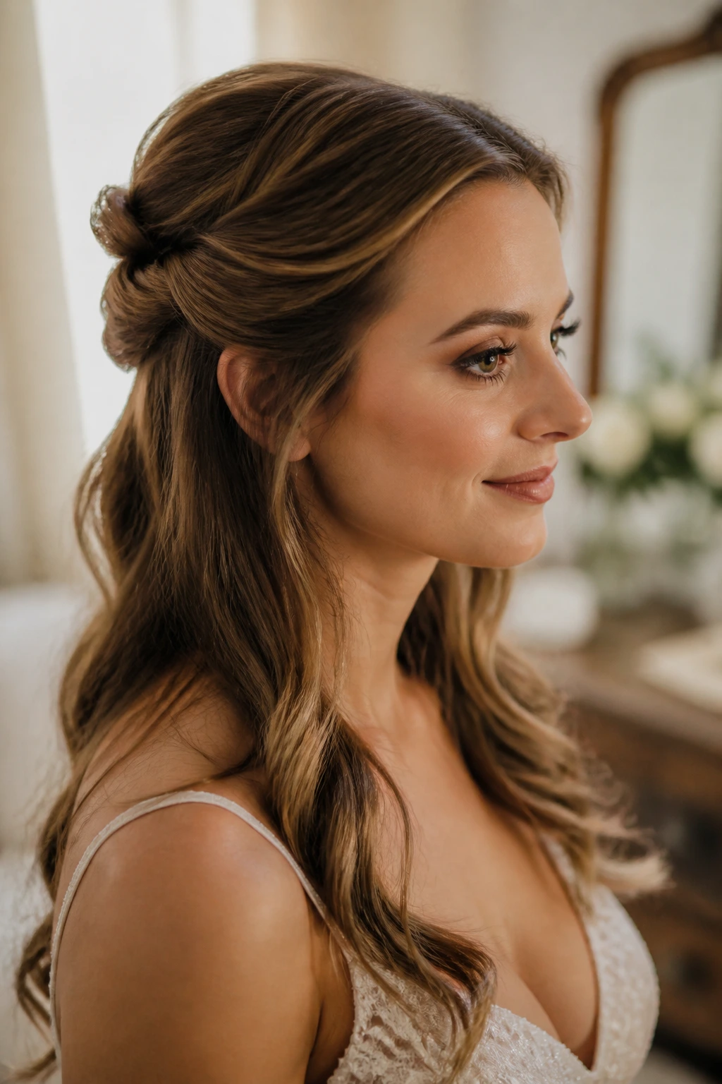 Close-up portrait of a woman with a Soft Roll Half-Up hairstyle featuring crown roll and soft waves.