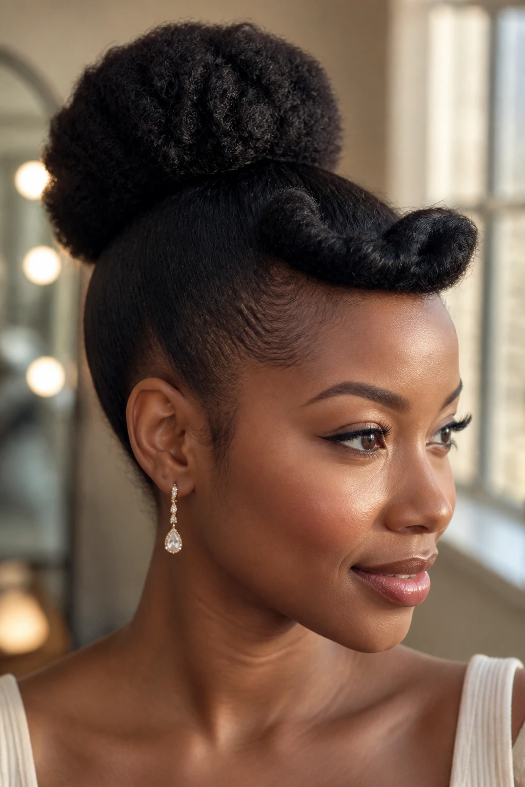 Close-up portrait of a woman with a soft-roll puff at the crown in warm dressing room lighting