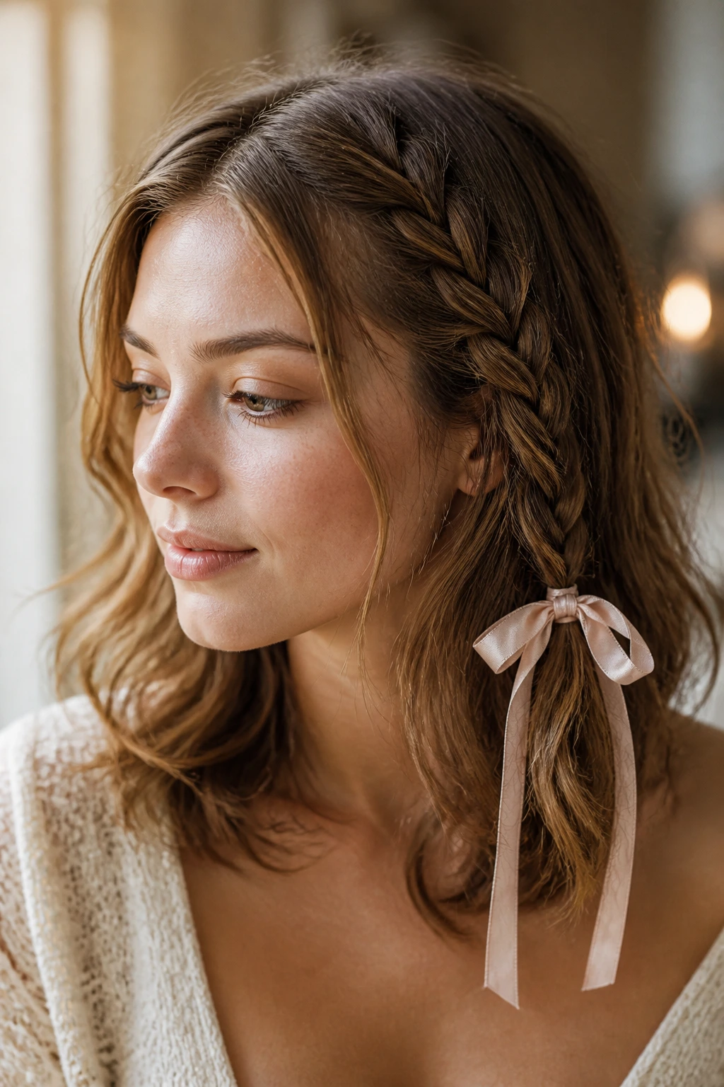 Close-up portrait of a real woman with a loose temple braid and ribbon to convey soft romantic mood