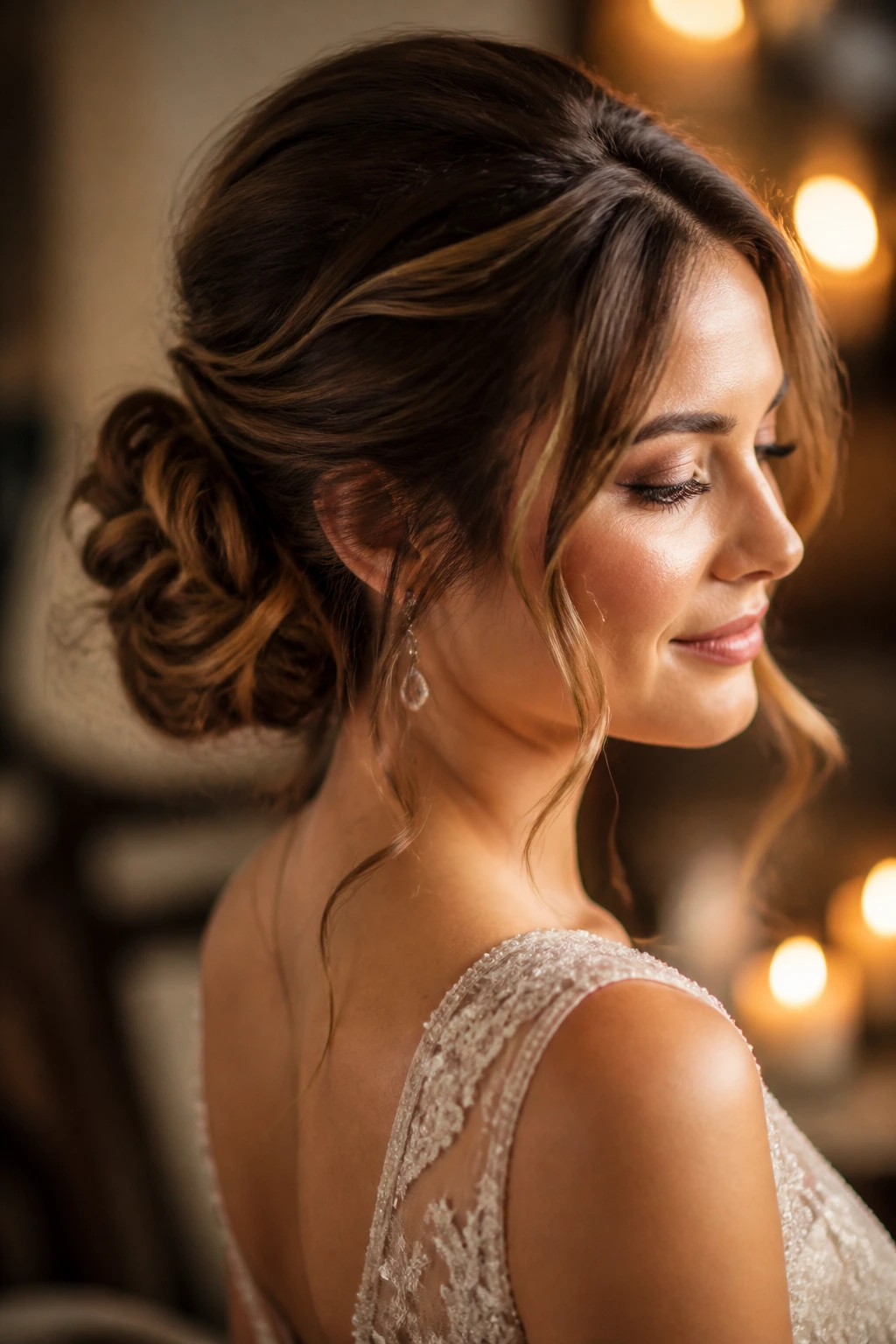 Woman with a soft romance updo featuring a low bun and gentle face-framing pieces