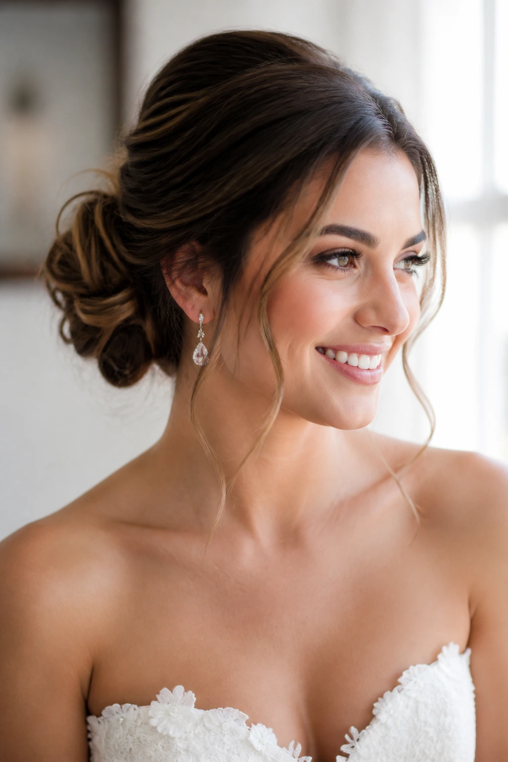 Bride with a soft romantic bun and face-framing pieces