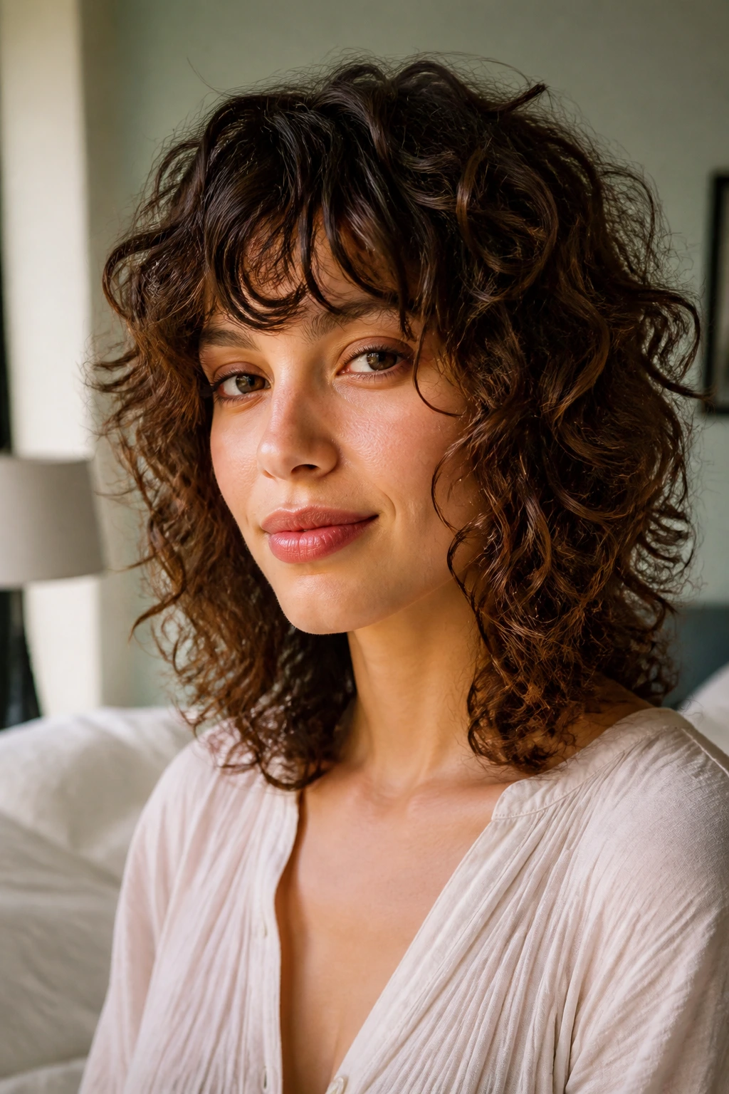 Close-up of a real woman with shoulder-length curly shag in soft romantic style, natural window light