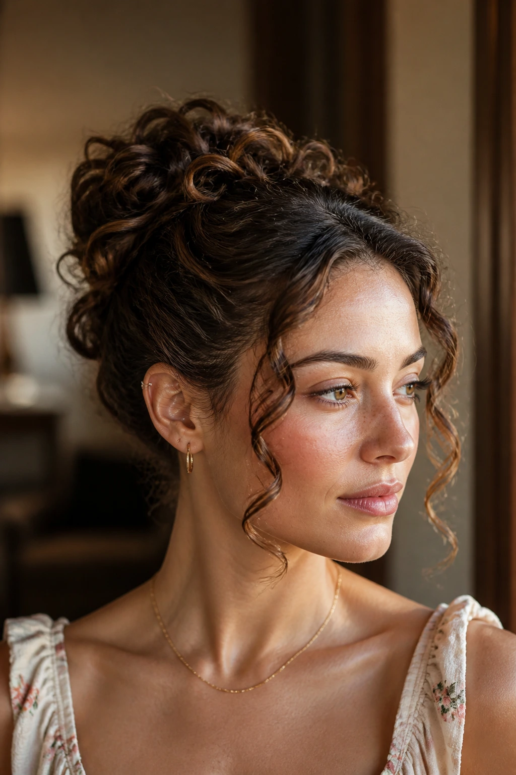 Real woman with soft romantic updo showing face-framing curls