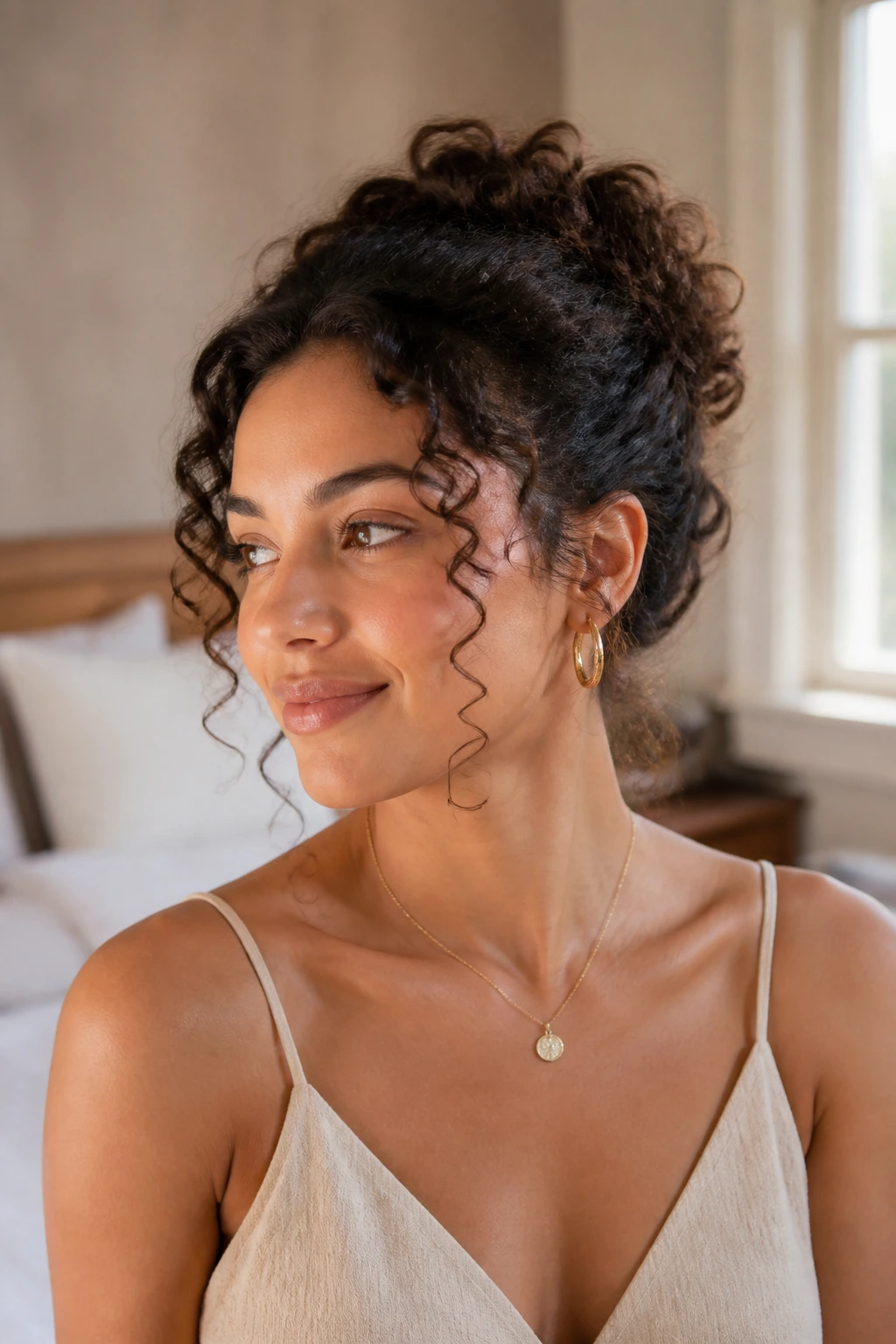 Portrait of a real woman with two front spirals and a loose back bun, soft romantic updo