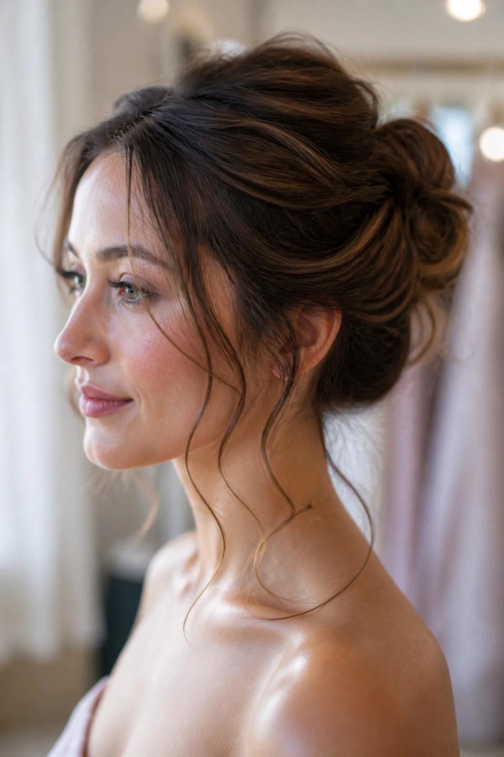 Close-up of a real woman with a soft romantic updo and tendrils