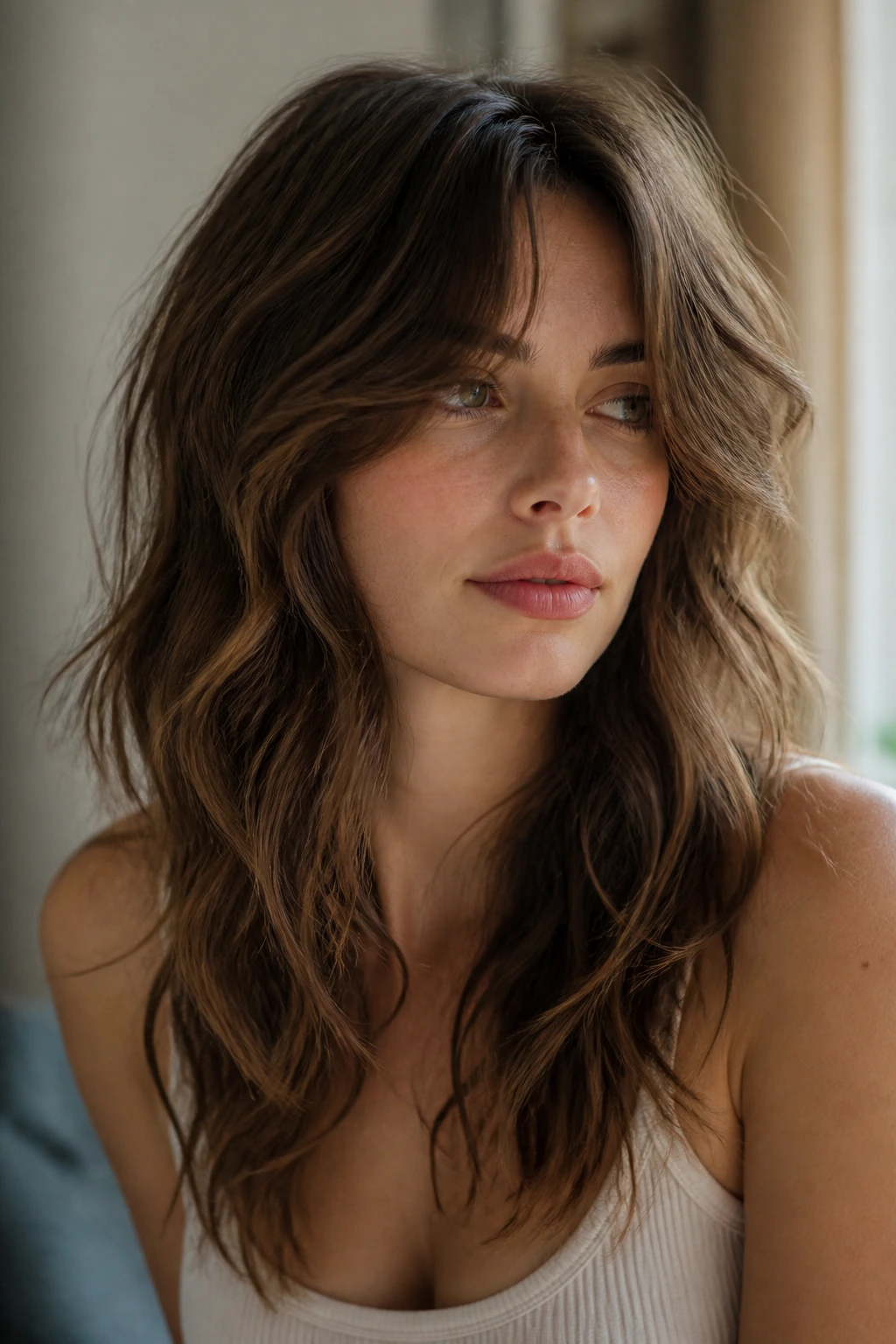 Close-up portrait of a real woman with Soft Romantic Wolf hairstyle in warm window light.