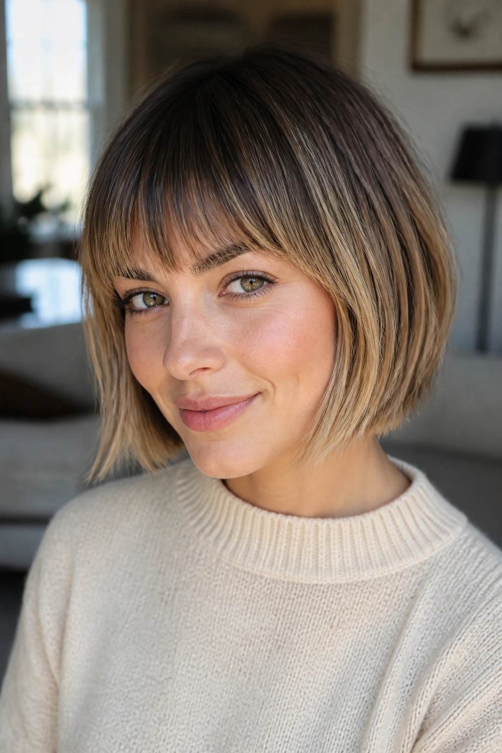 Close-up portrait of a real woman with a bob and bangs showing a soft root melt.