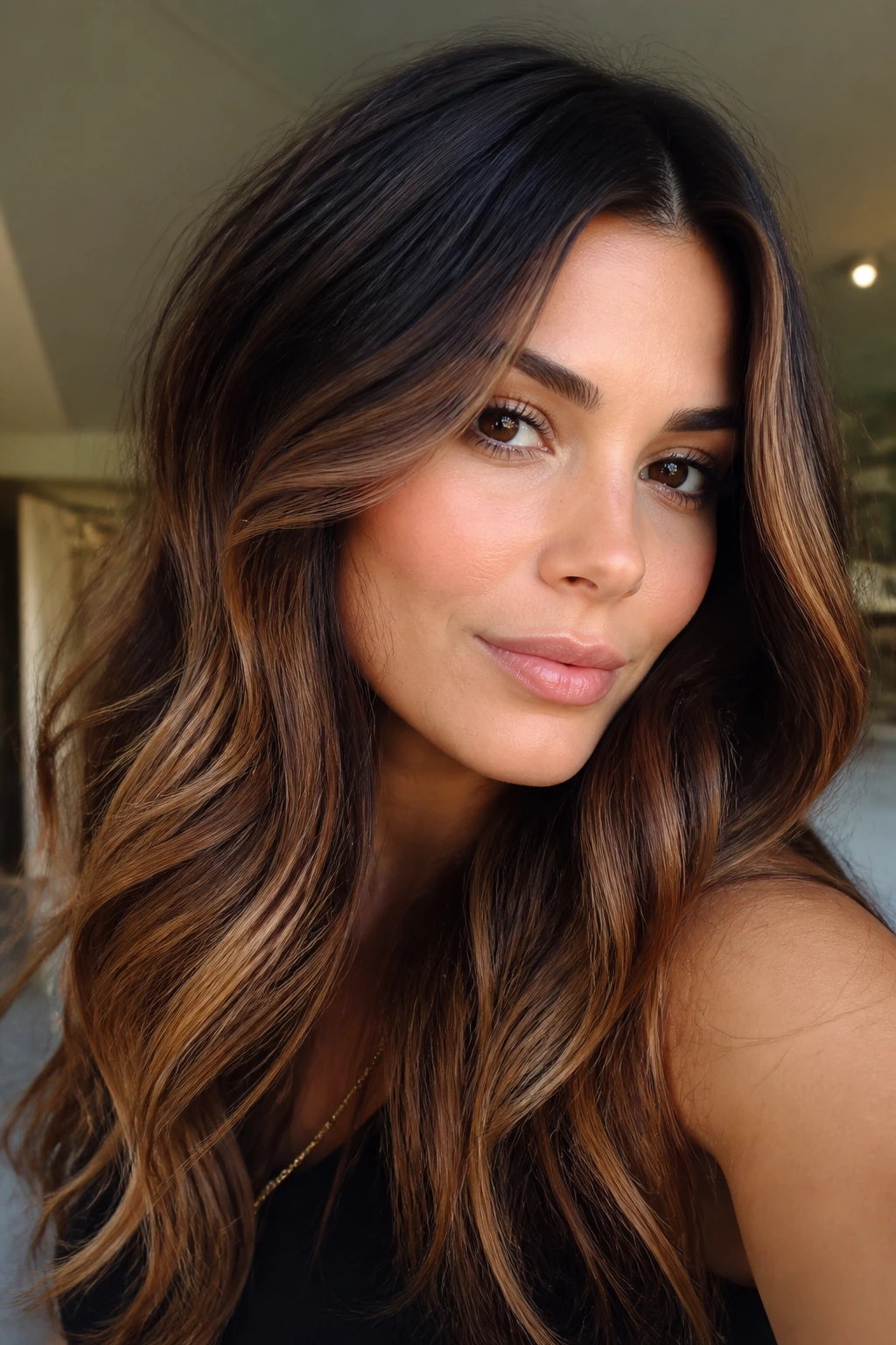 Close-up of a real woman displaying a soft-root melt warm brunette hairstyle