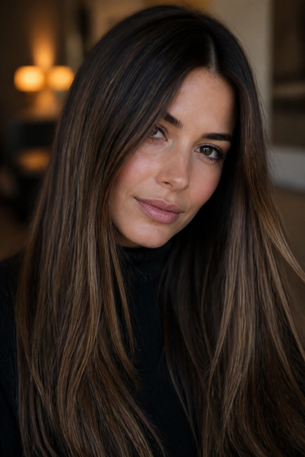 Brunette with soft root shadow and cool lowlights on straight hair.