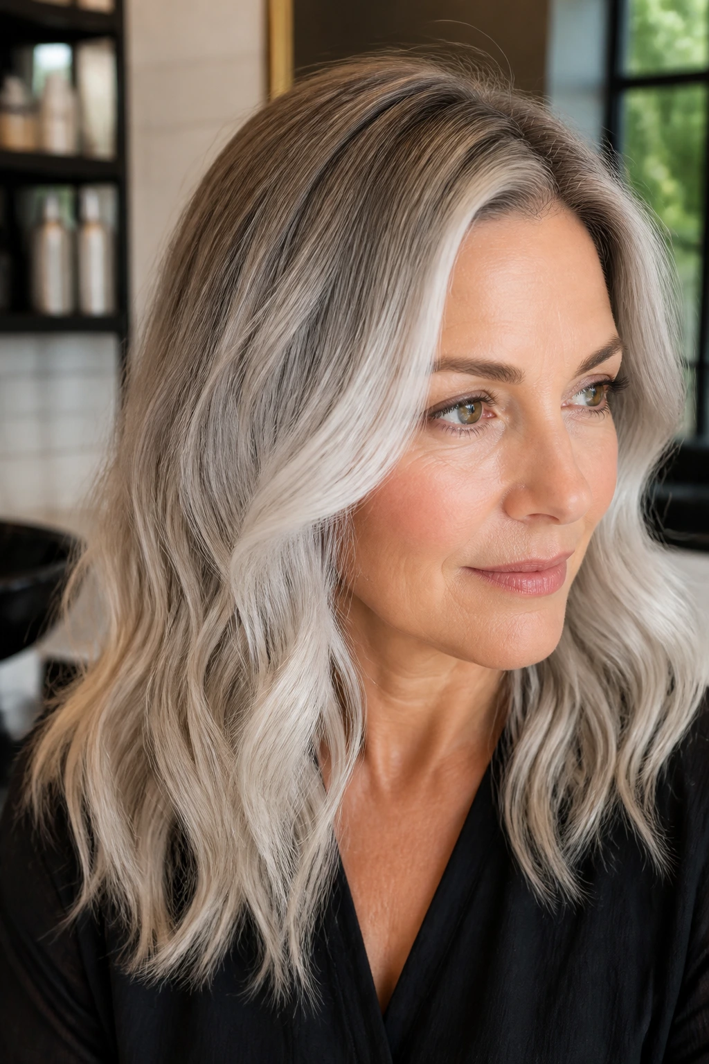 Close-up of a real woman with soft root shadow in silver hair in a salon