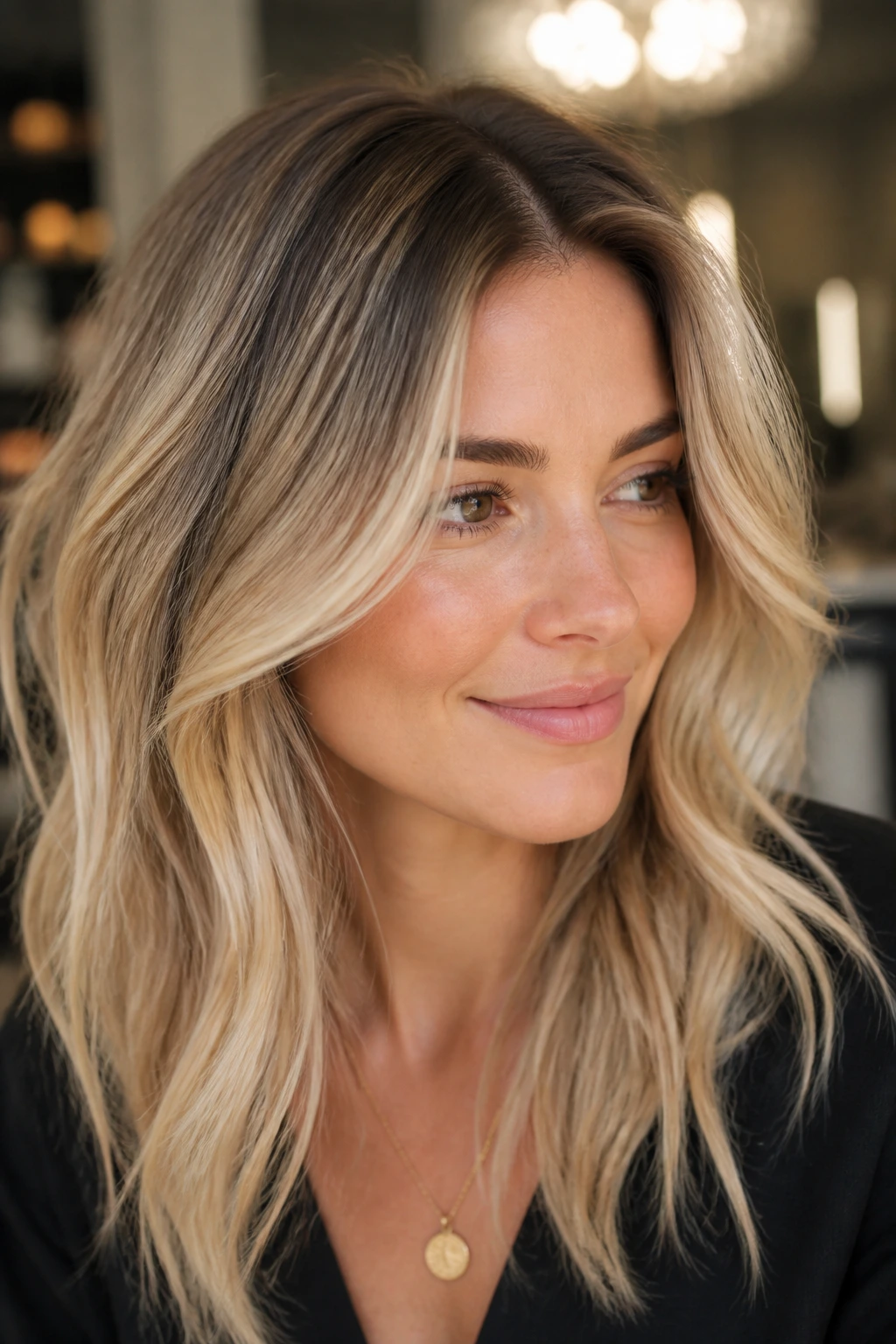 Portrait of a woman with soft-rooted blonde showing natural grow-out