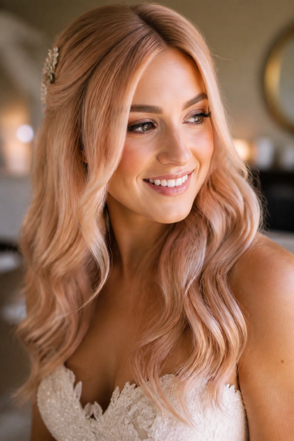 Bride with Soft Rose Champagne Blonde hair in gentle waves