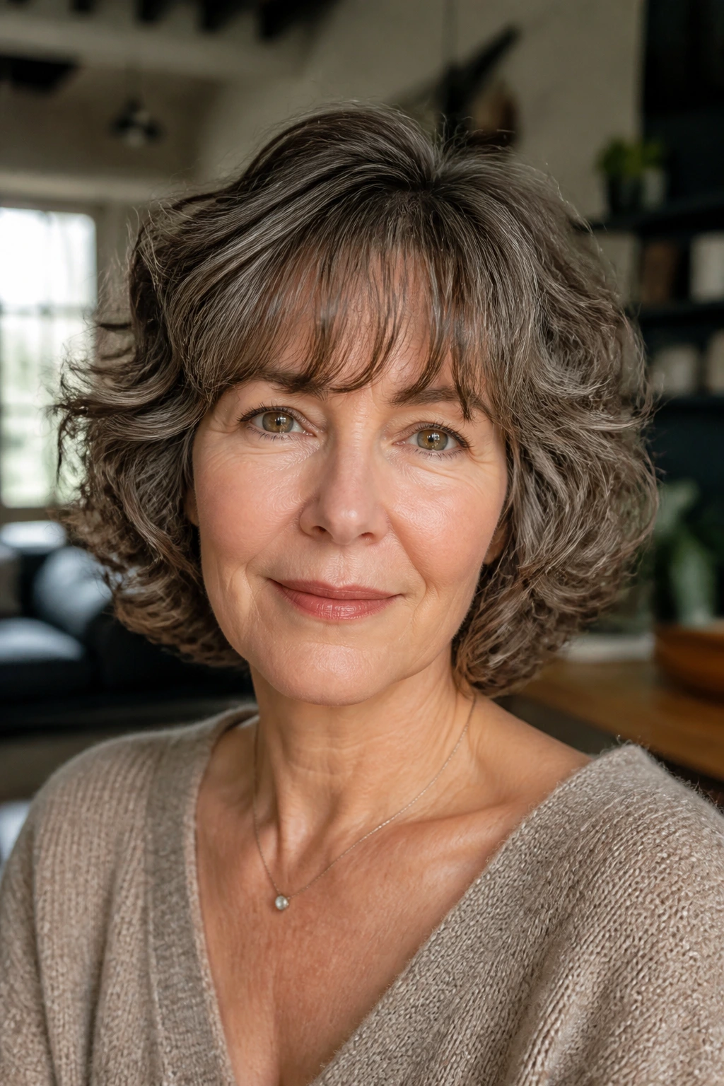 Close-up portrait of a real woman with a soft rounded cut and growth-friendly fringe.