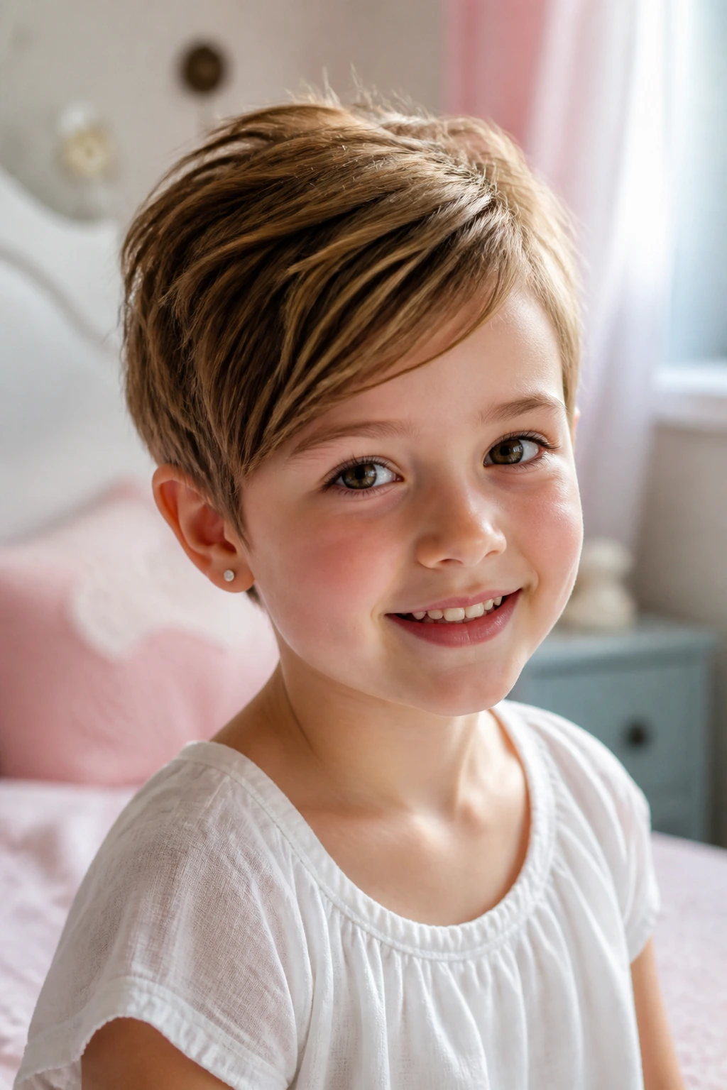 Close-up of a girl with a soft round-face pixie hairstyle in a pastel-toned room