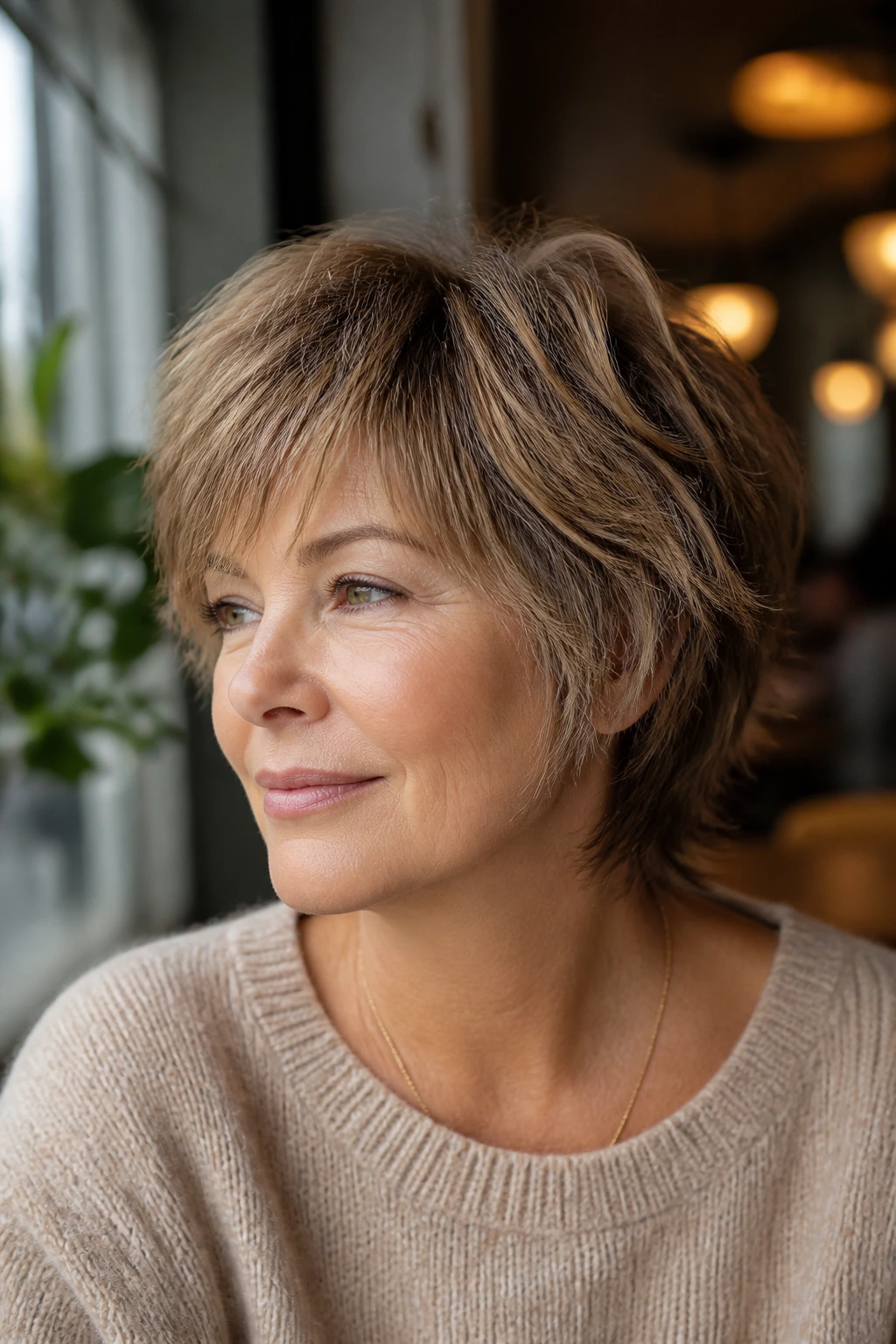 Close-up portrait of a real person with a soft round shag for fine hair in cafe light