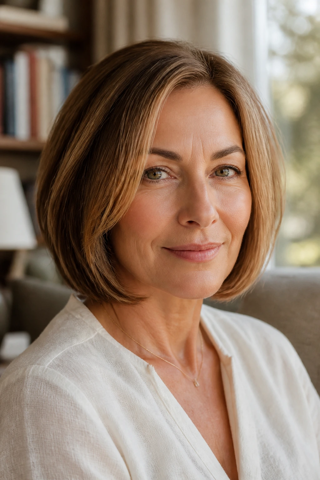 Close-up portrait of a real woman with a soft rounded bob between jaw and shoulder