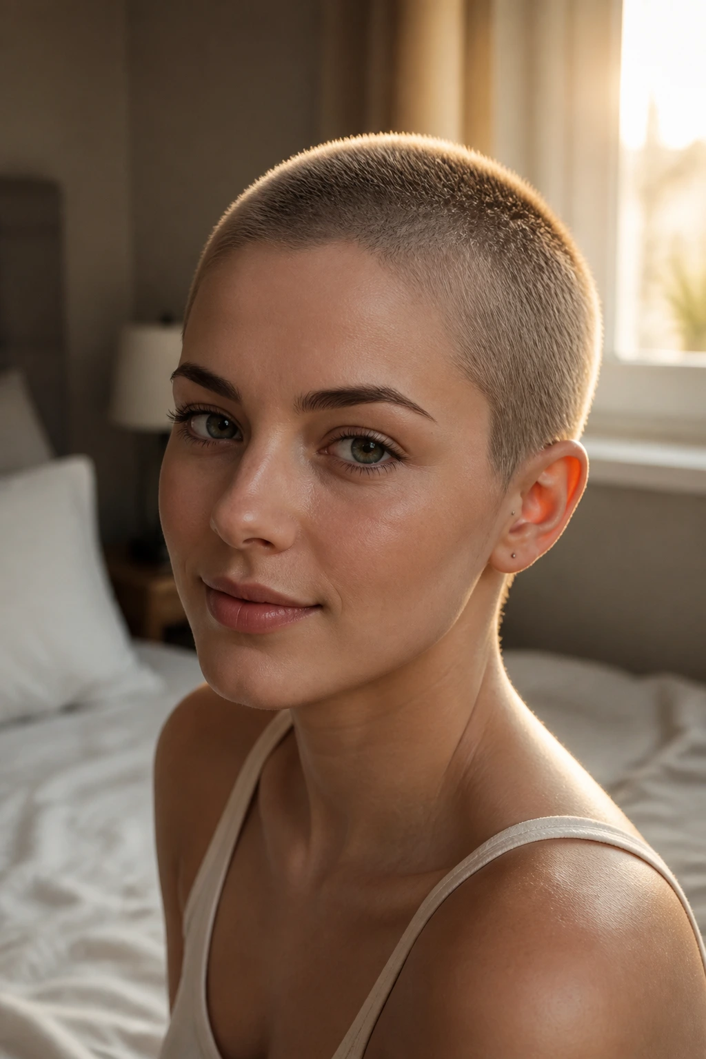 Close-up of a real woman with a soft rounded buzz cut in warm bedroom light