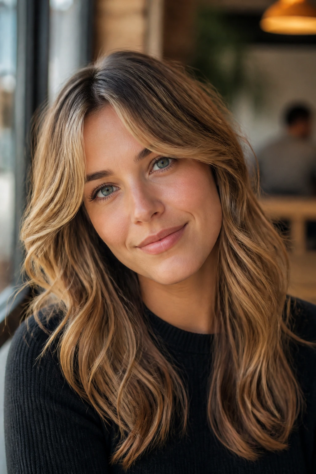 Close-up portrait of a real person with soft rounded curtain bangs at a cafe window
