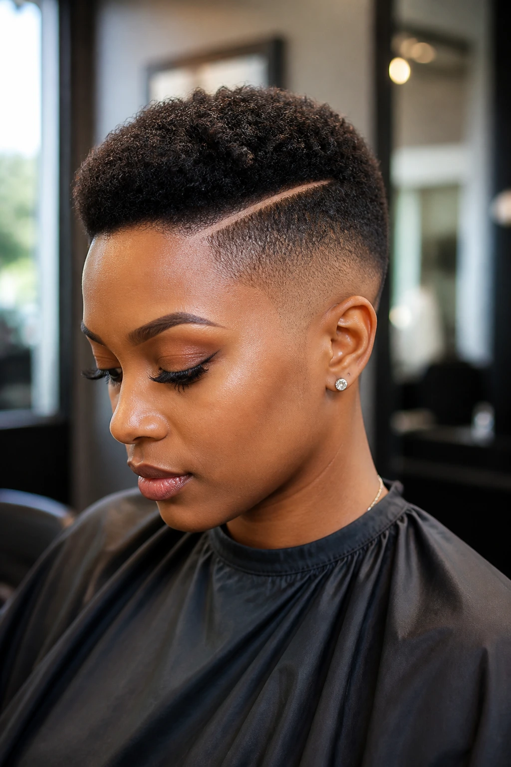 Close-up of a real woman with a soft rounded fade and etched part