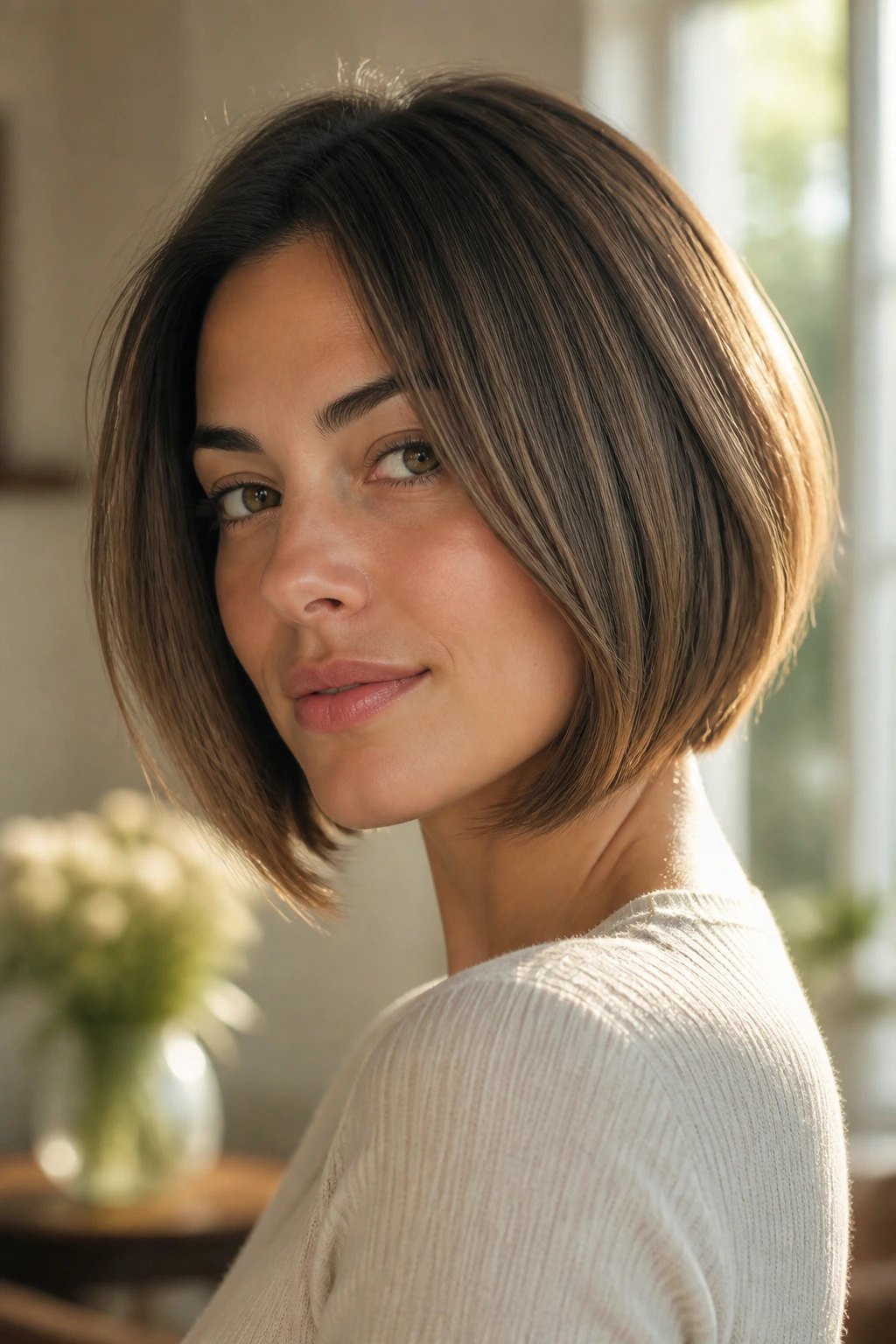 Close-up portrait showing a soft rounded inverted bob on a real person