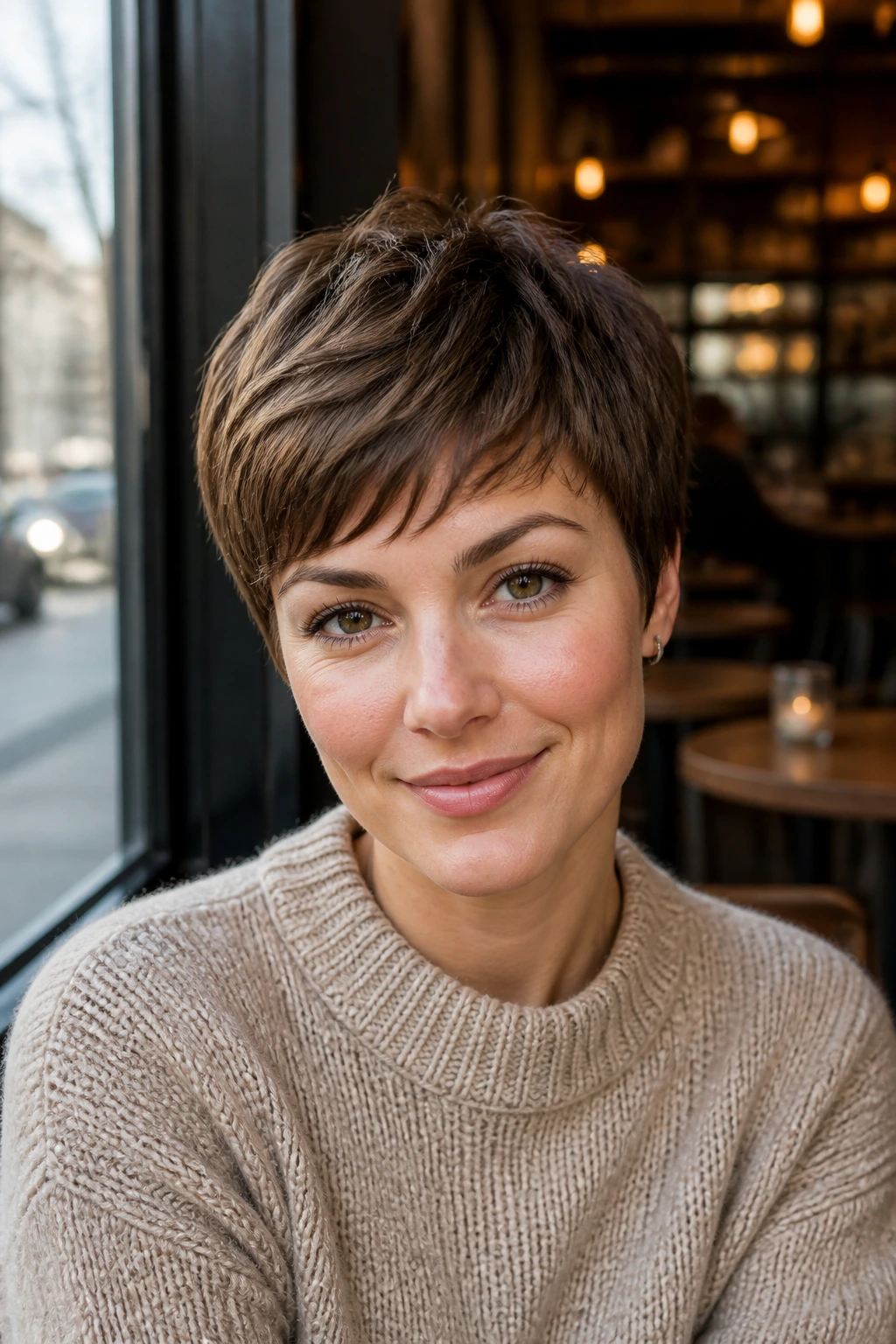 Close-up of real woman with soft rounded pixie in cafe window light