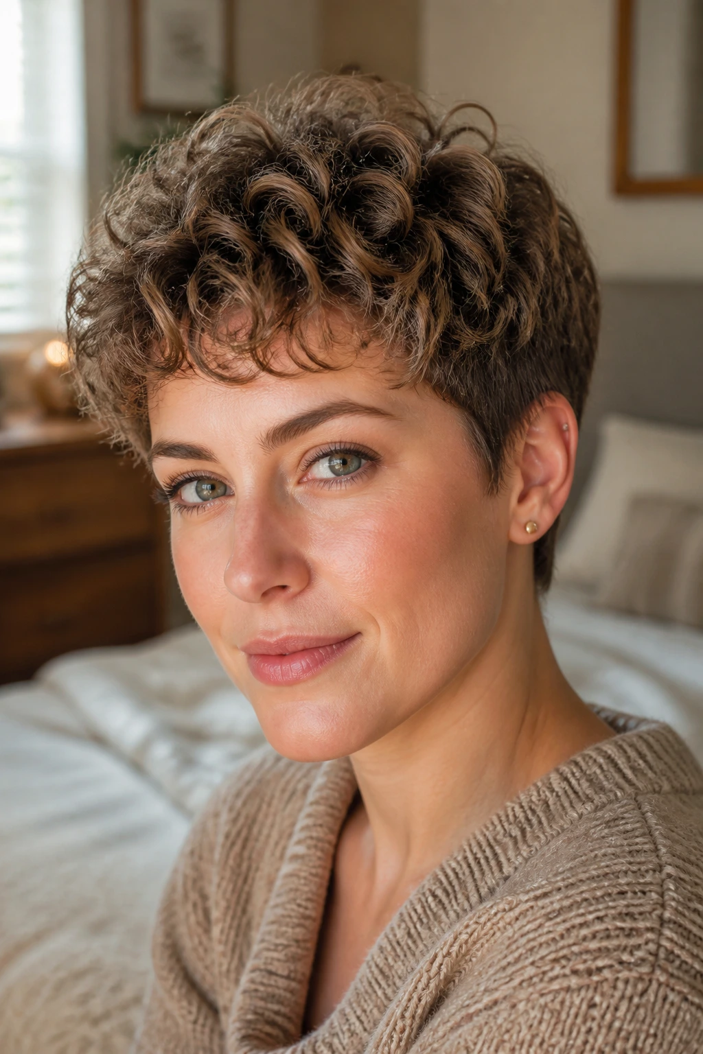 Close-up of a real woman with a soft rounded pixie showing a curved crown halo.