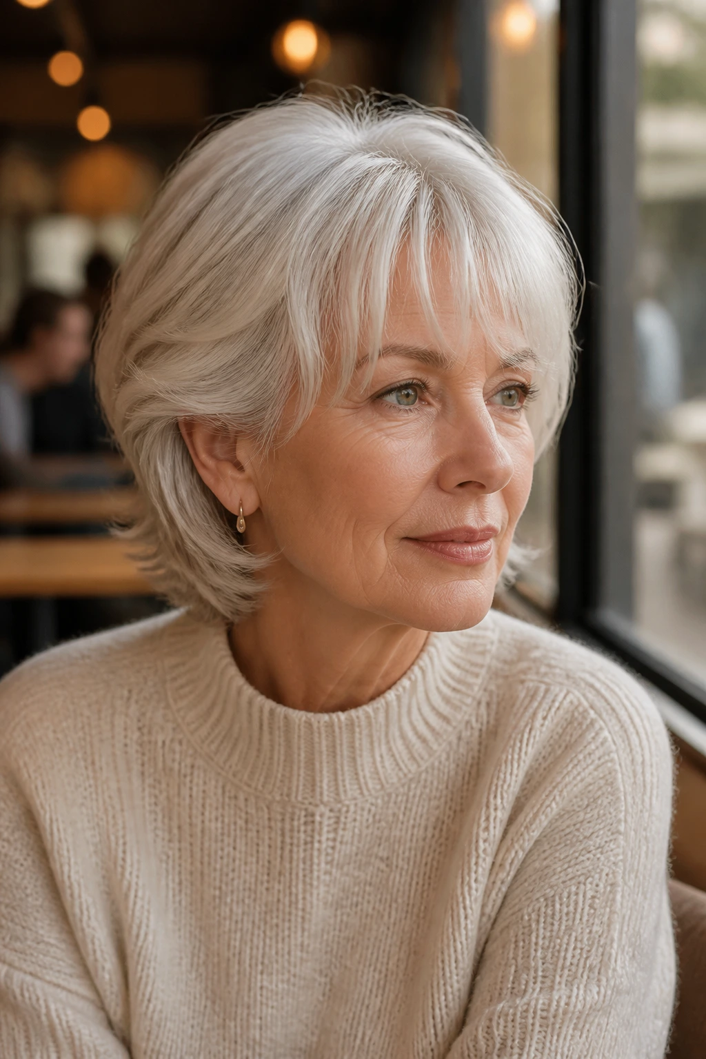 Real woman with platinum soft rounded wolf cut, tucked sides