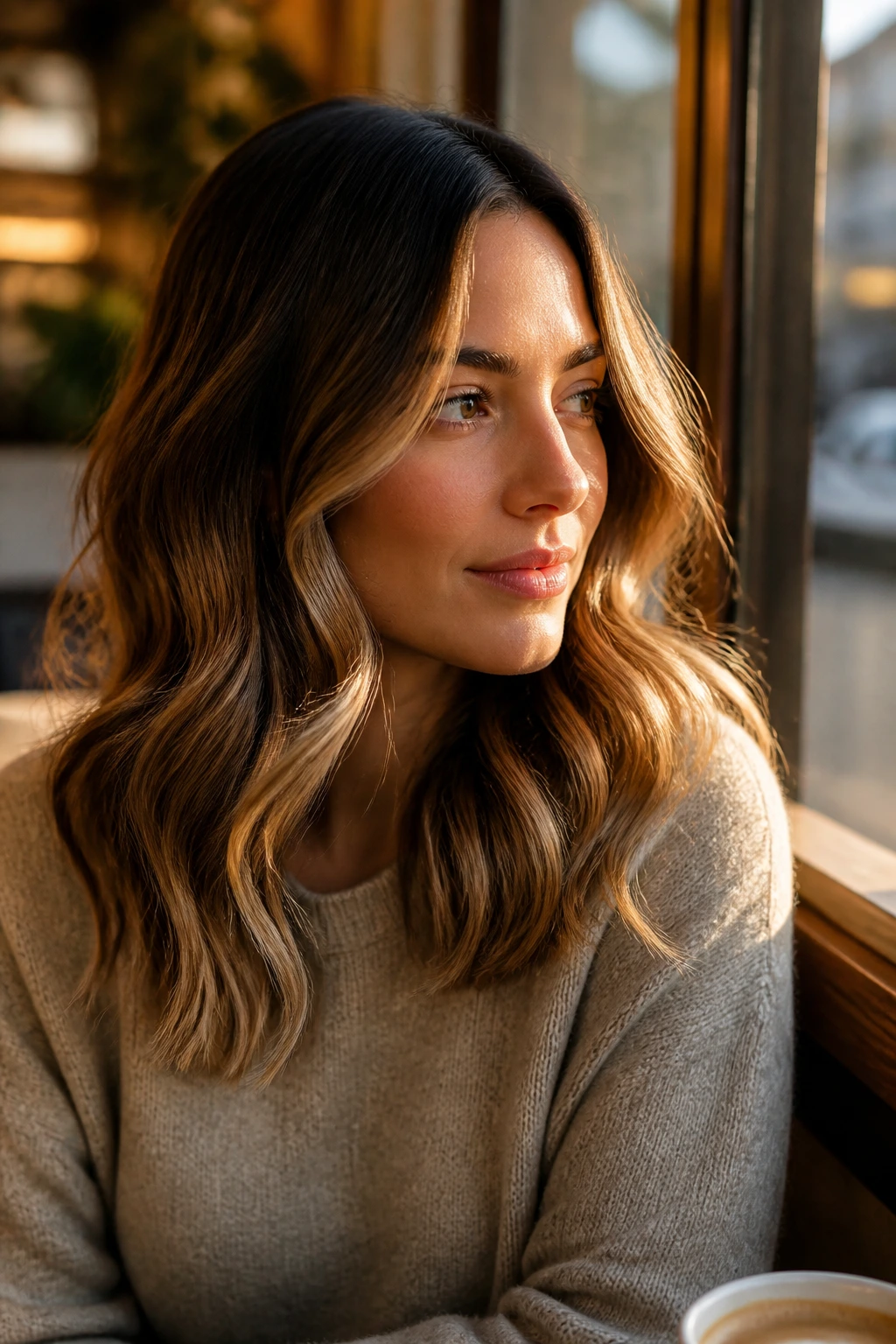 Portrait of a woman with soft S-bend waves catching warm light