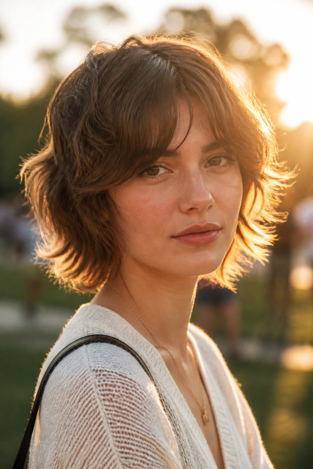 Close-up of a real person with soft S-Curl shag and curtain bangs in golden hour light.