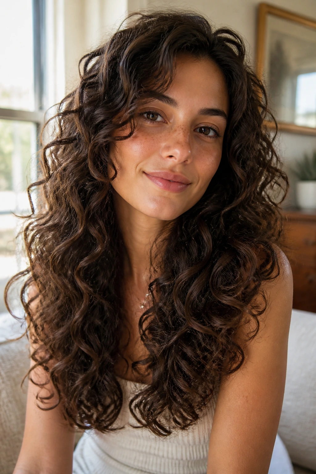 Close-up of real woman with soft S-curve layers and weighty ends curly hairstyle