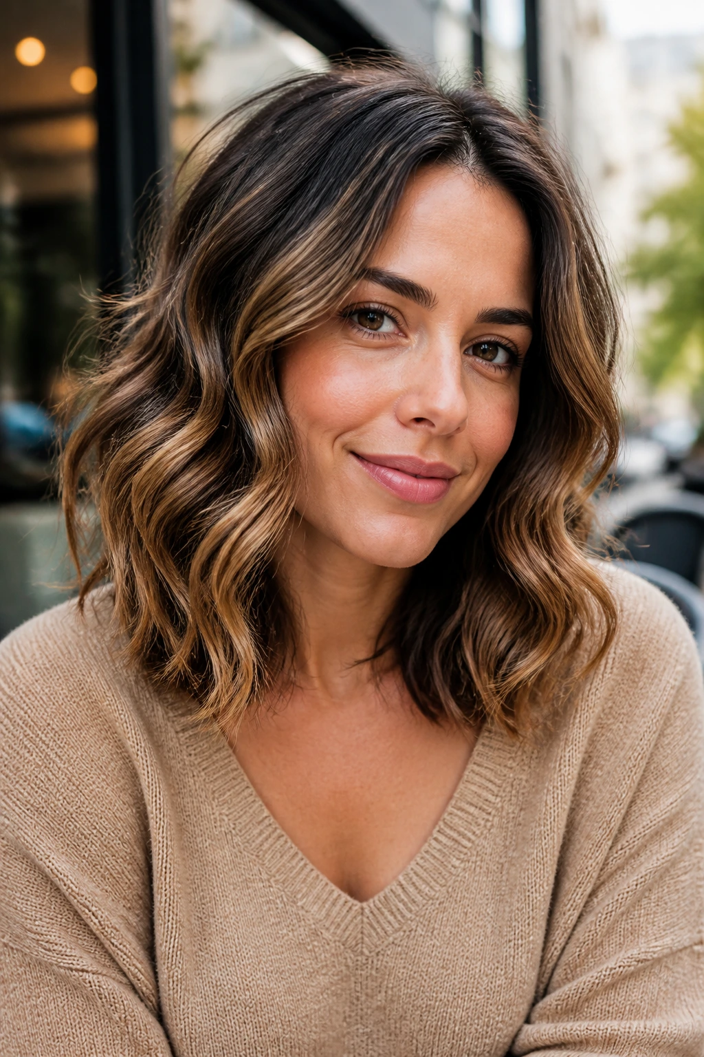 Close-up of a real woman with soft S-curve waves on a collarbone-length lob in natural light