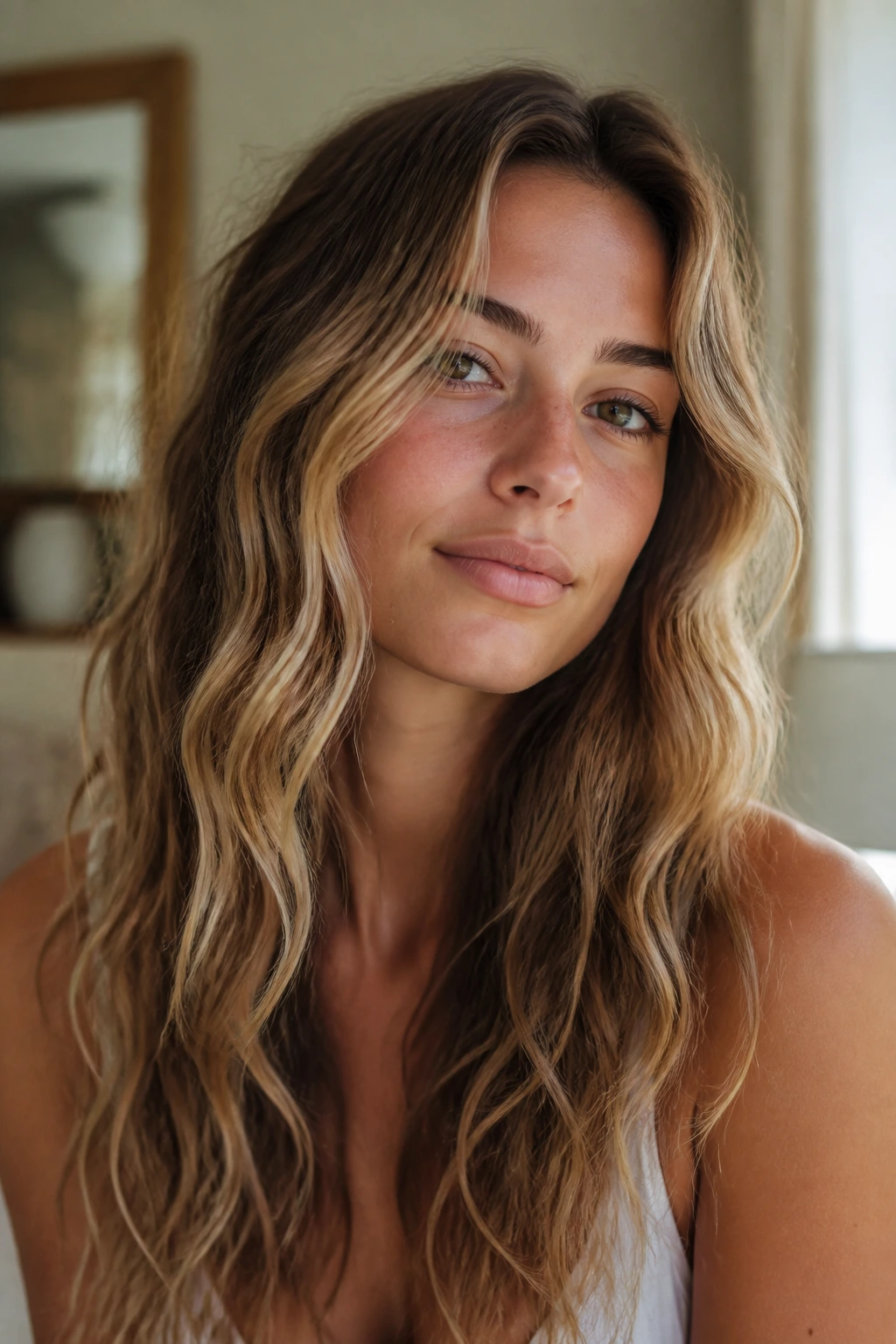 Close-up of a real woman with soft air-dried S-shaped waves