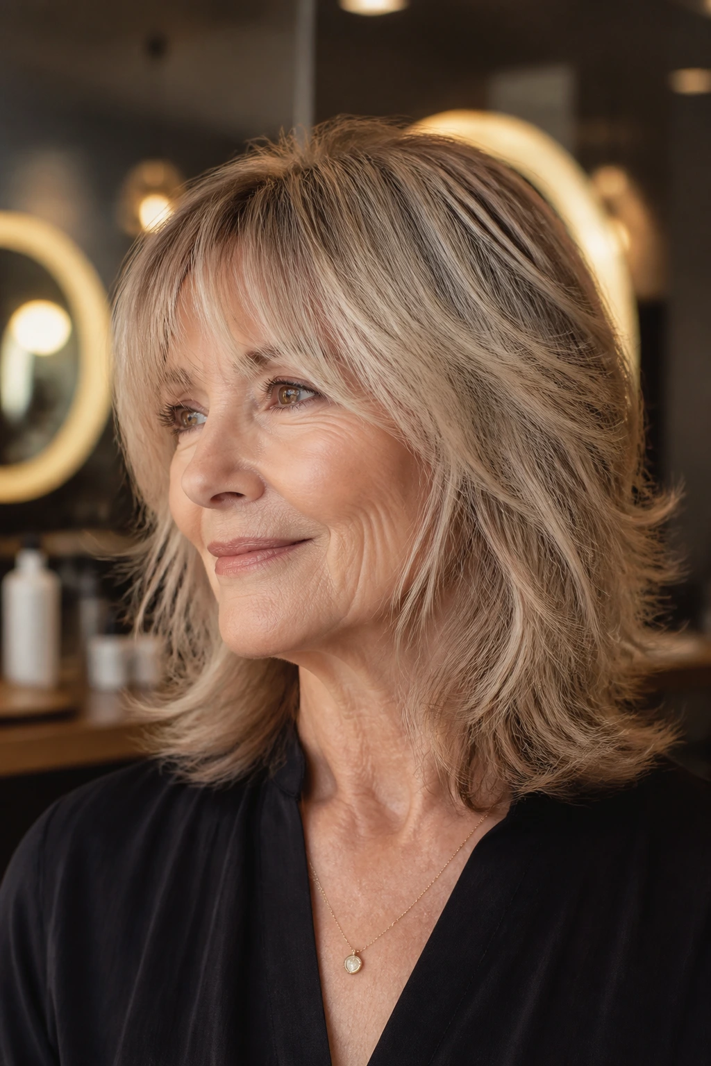 Portrait of a real woman with Soft Salon Shag showing softened ends and fringe