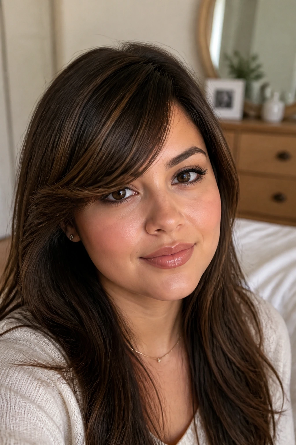 Close-up of a real woman with a soft salon sweep fringe in a cozy setting
