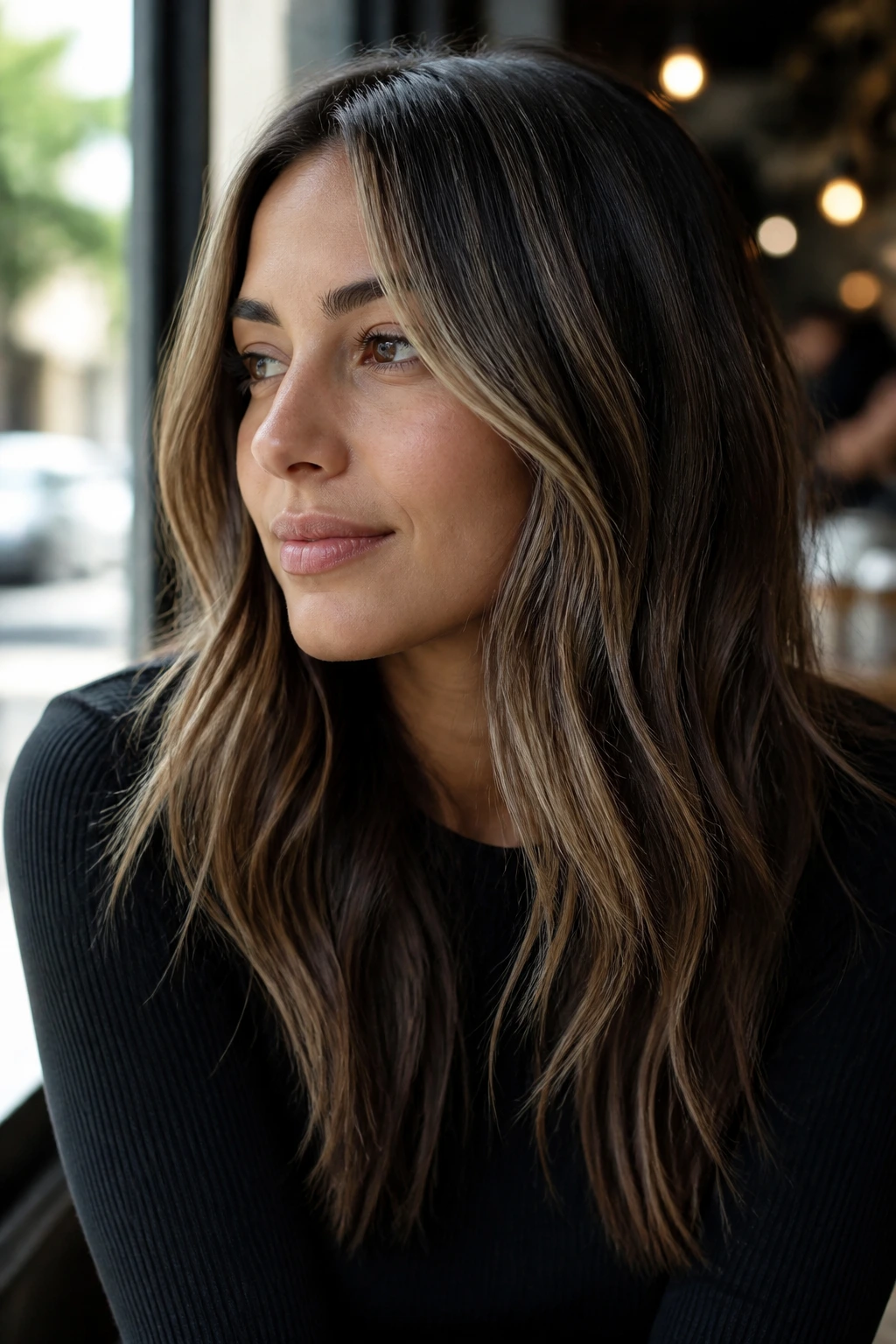 Close-up of dark brown hair with soft sand highlights for texture.