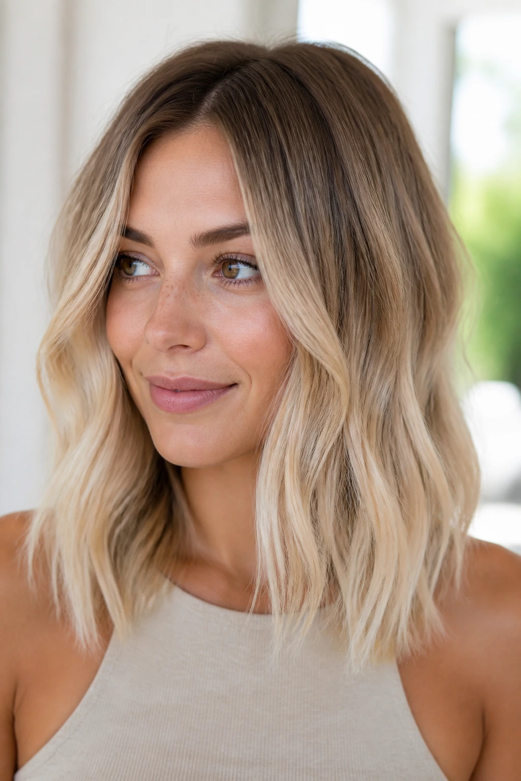 Close-up of soft sand to vanilla cream ombre on medium-length hair