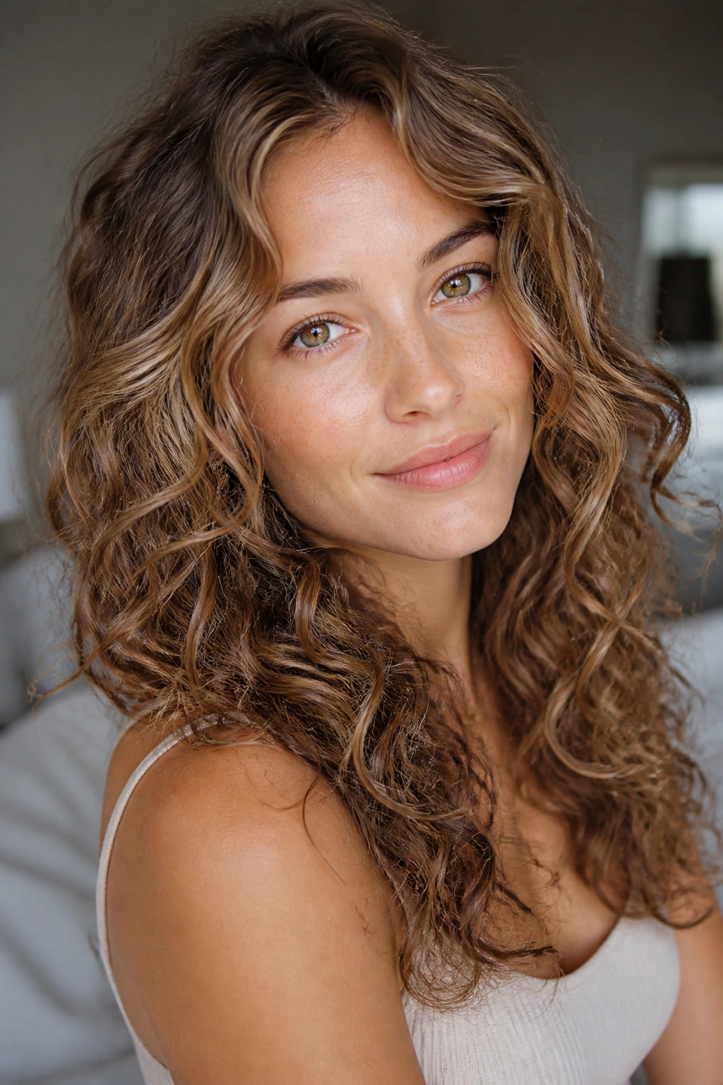 Close-up of a real woman with soft sandalwood brunette curls in airy beige-brown tones.