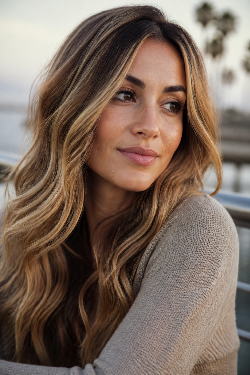 Close-up of a real woman with soft sandy bronde balayage and natural waves
