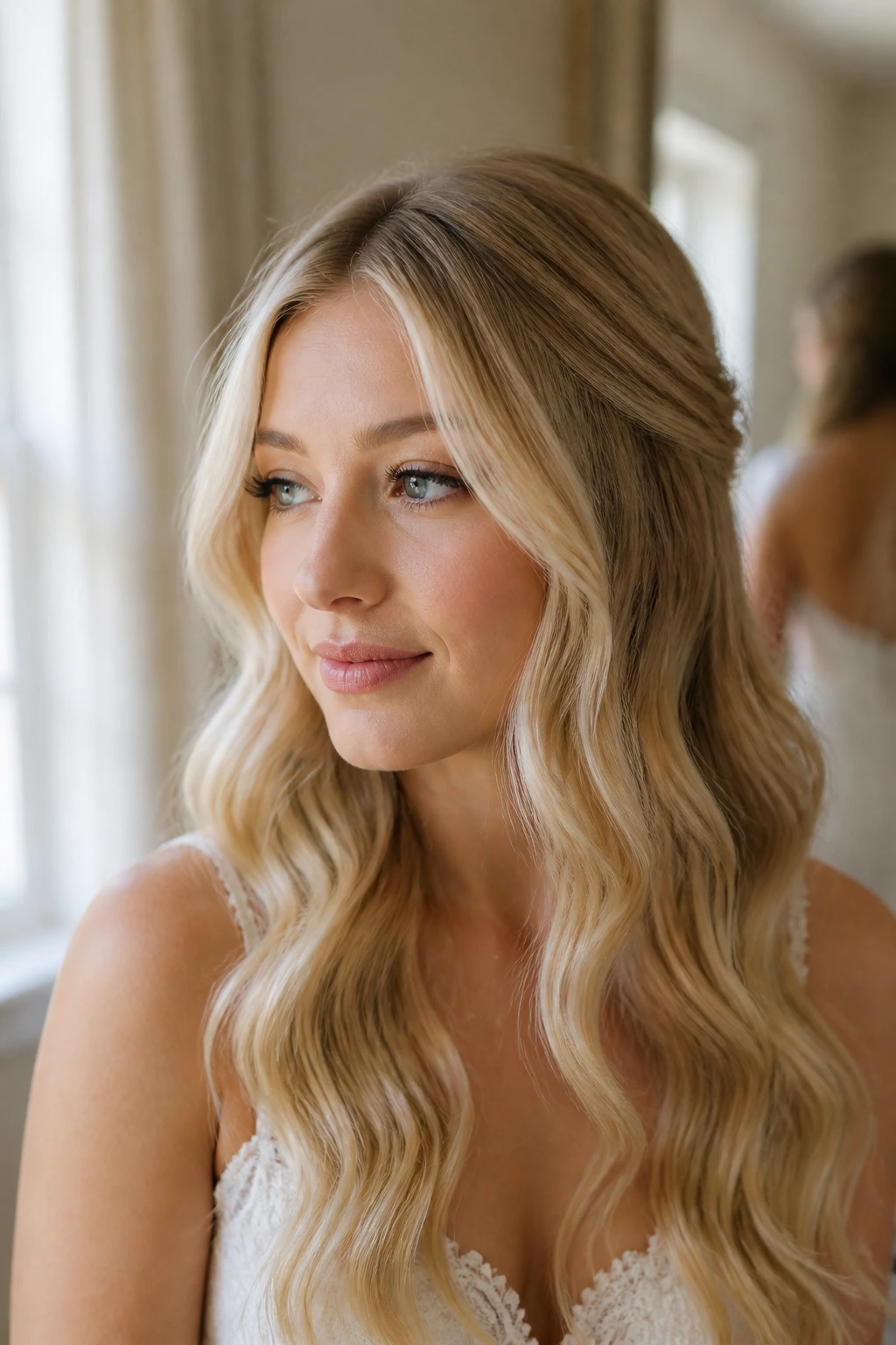 Close-up of a bride with soft S-bend waves for fine hair under natural window light