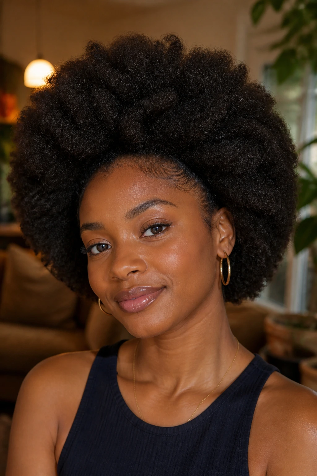 Close-up of a real person with a soft sculpted afro and invisible layers.