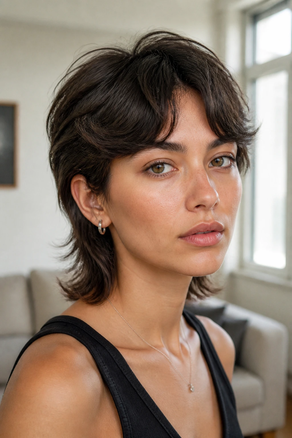 Close-up portrait of a real person with soft sculpted mullet and blended fringe