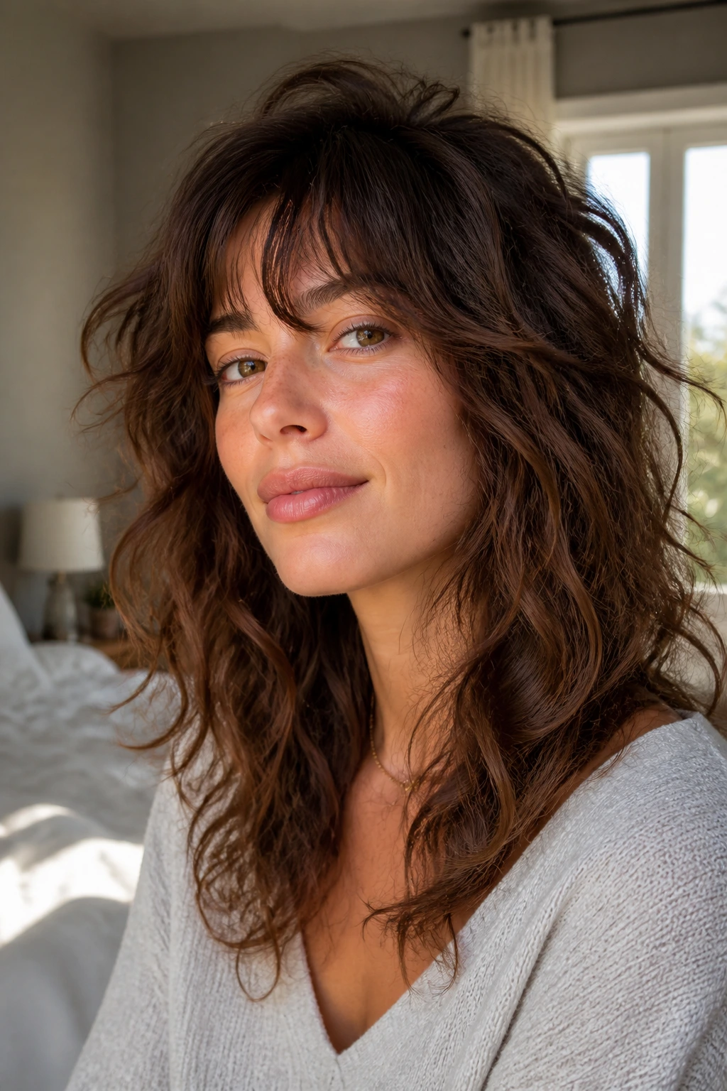 Close-up of a real woman with soft shag layers and air-dried texture