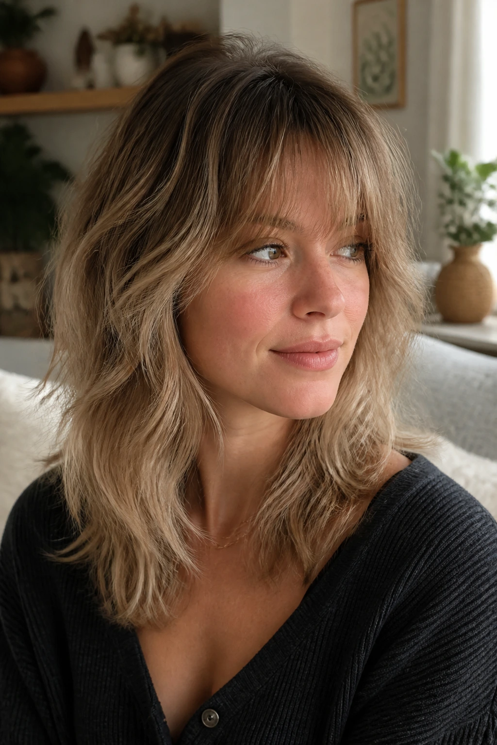 Portrait of a woman with soft shag and airy fringe.