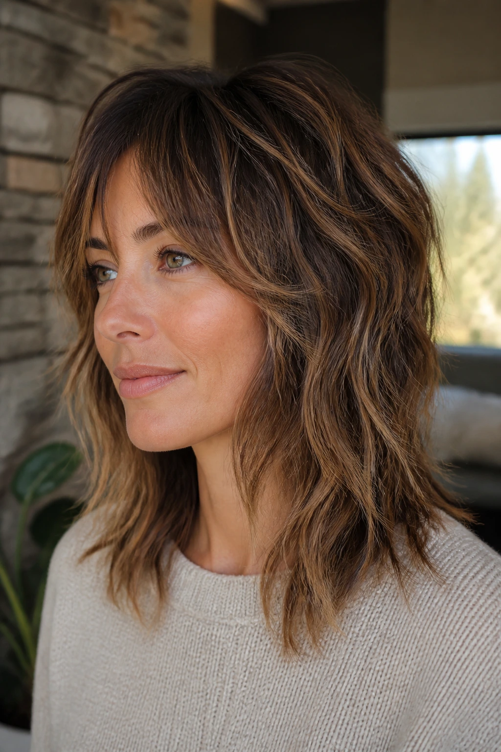 Close-up portrait of a woman with a soft shag and airy layers in a cozy living room.