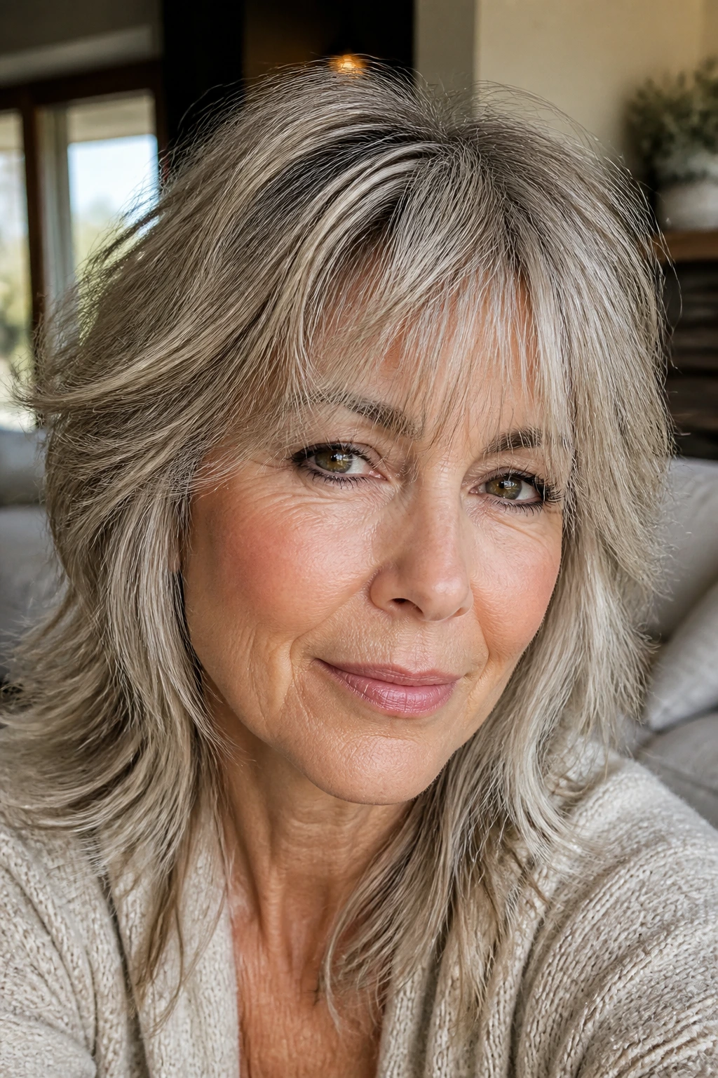 Close-up of a real woman with soft shag bangs blending into layers